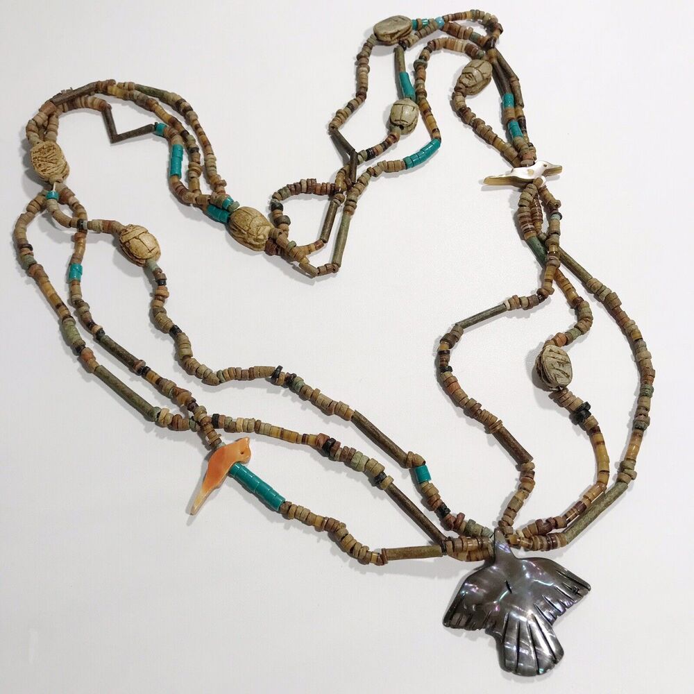 VTG Fetish Zuni Bird Egyptian Faience Clay Scarab Turquoise Bead 32" Necklace